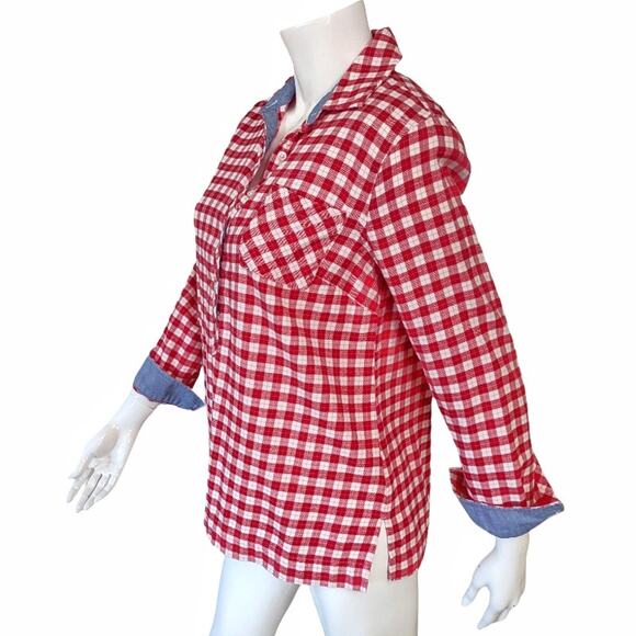 LANDS END Petite Long Sleeve Shirt Red White Plaid Tunic Style Top Sz 8P Preppy - Picture 1 of 10